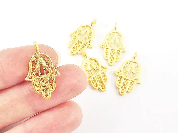 5 Filigree Mini Hand of Fatima Hamsa Charms - Type 2 Side Facing Loop - Matte Gold Plated