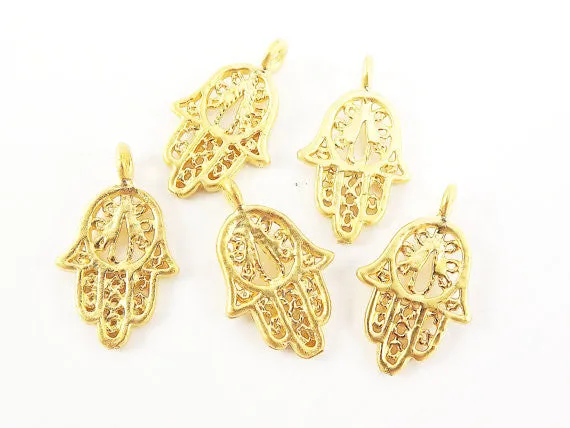 5 Filigree Mini Hand of Fatima Hamsa Charms - Type 2 Side Facing Loop - Matte Gold Plated