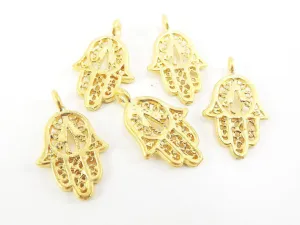 5 Filigree Mini Hand of Fatima Hamsa Charms - Type 2 Side Facing Loop - Matte Gold Plated