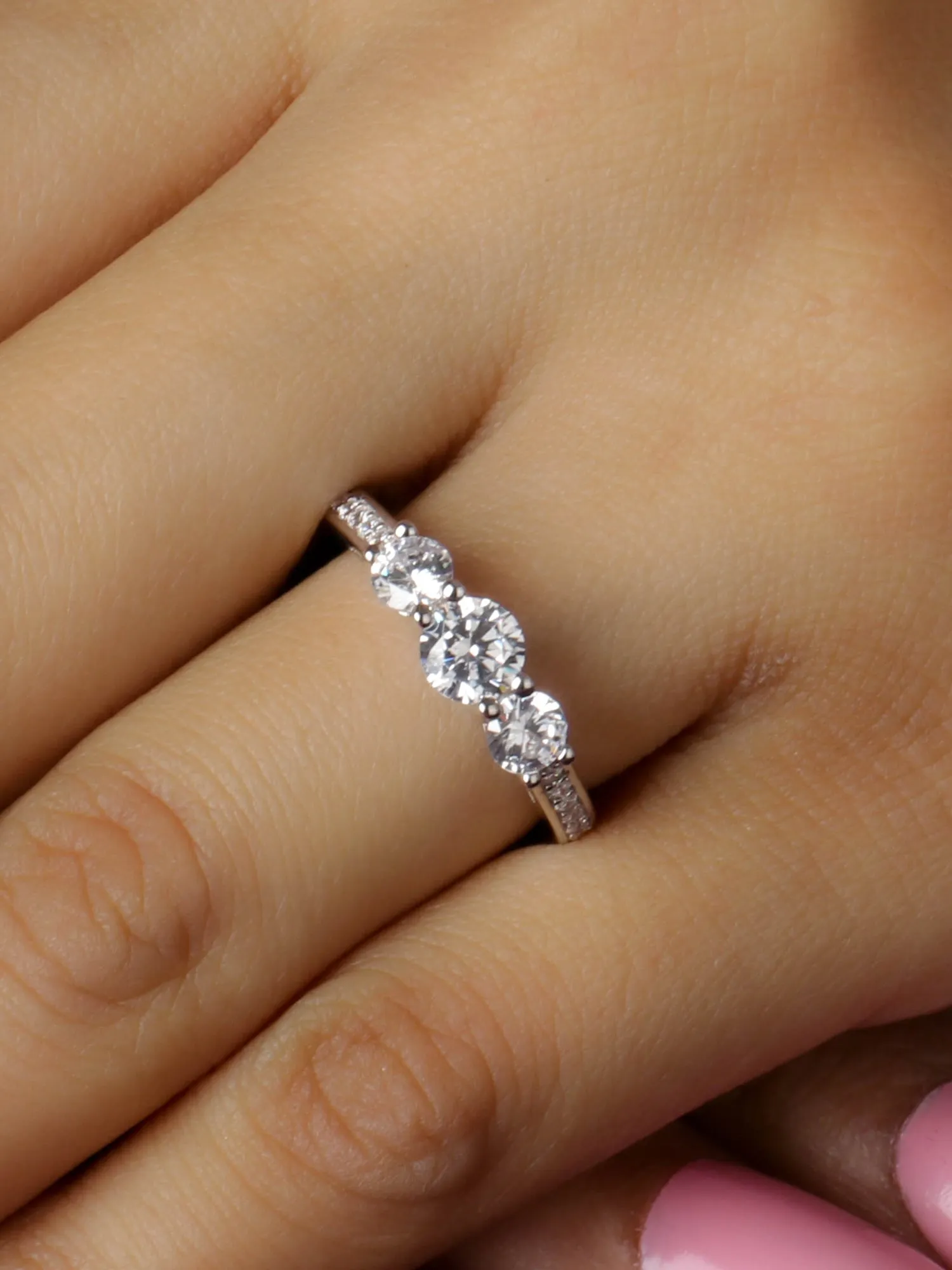 American Diamond Three Stone Band Ring In 925 Silver