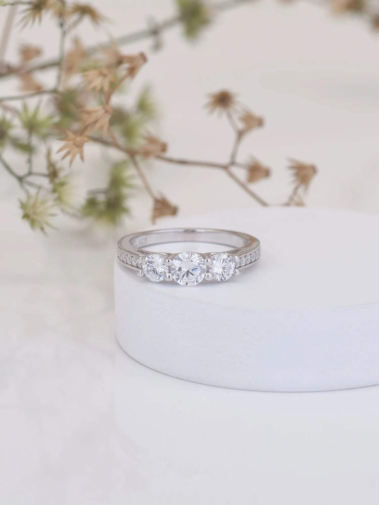 American Diamond Three Stone Band Ring In 925 Silver