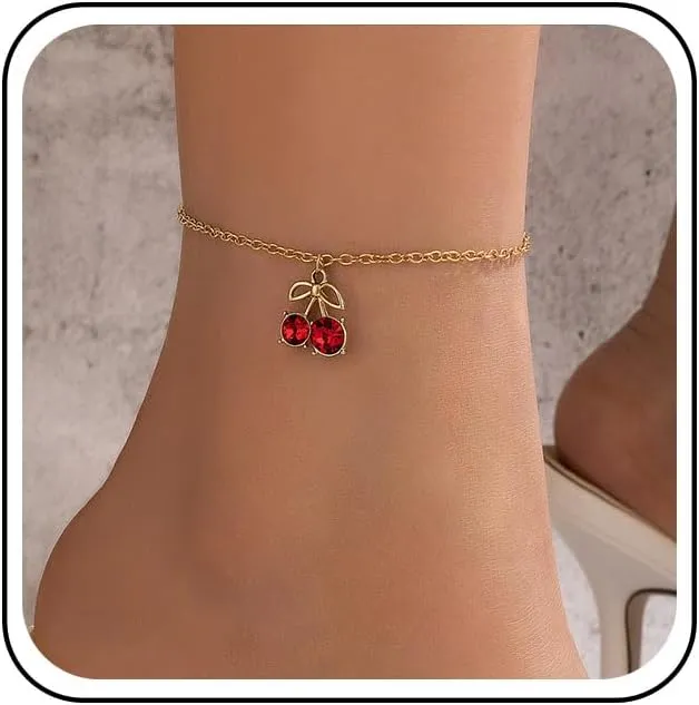 Andelaisi Boho Ruby Crystal Ankle Bracelet Gold Cheery Anklet Bracelet Ruby Cheery Dangle Anklet Shiny Crystal Gemstone Anklets Foot Chain Jewelry for Women