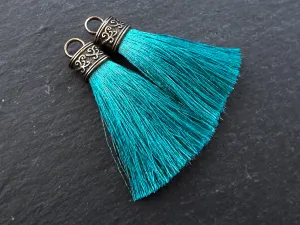 Aqua Teal Tassel Pendant, Silk Thread Tassel, Tassel Charm, Ornate Cap, Antique Bronze Cap, Tassel Jewelry, Brown Silk Tassel, 2.25 inches, 2pc