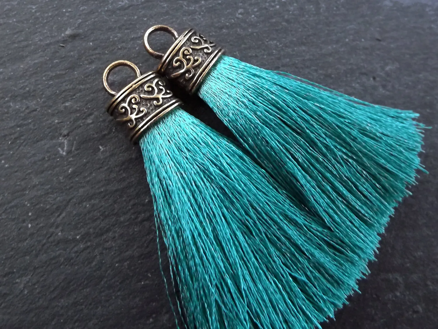 Aqua Teal Tassel Pendant, Silk Thread Tassel, Tassel Charm, Ornate Cap, Antique Bronze Cap, Tassel Jewelry, Brown Silk Tassel, 2.25 inches, 2pc