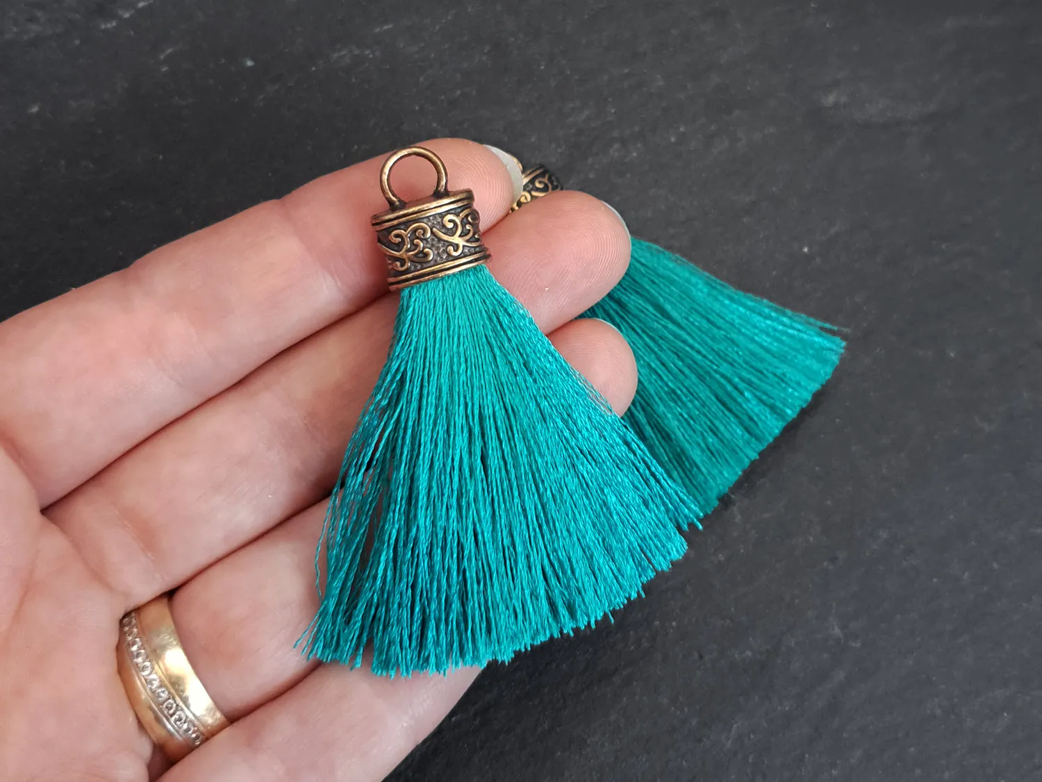 Aqua Teal Tassel Pendant, Silk Thread Tassel, Tassel Charm, Ornate Cap, Antique Bronze Cap, Tassel Jewelry, Brown Silk Tassel, 2.25 inches, 2pc