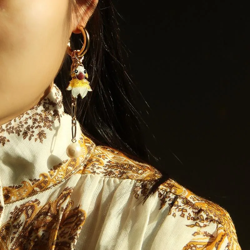 Asymmetrical Cloisonne Fish Handmade Drop Earrings