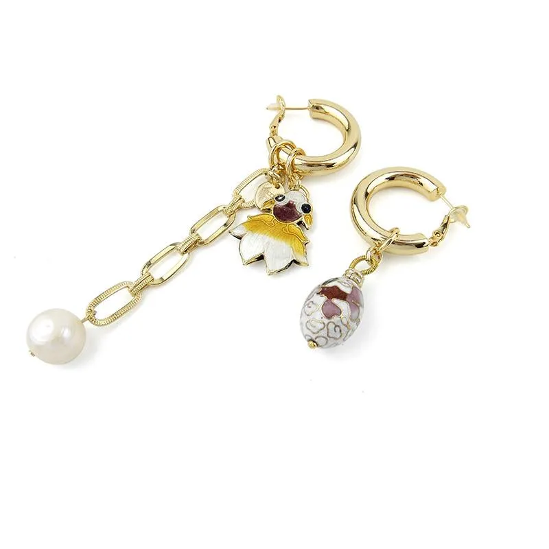 Asymmetrical Cloisonne Fish Handmade Drop Earrings
