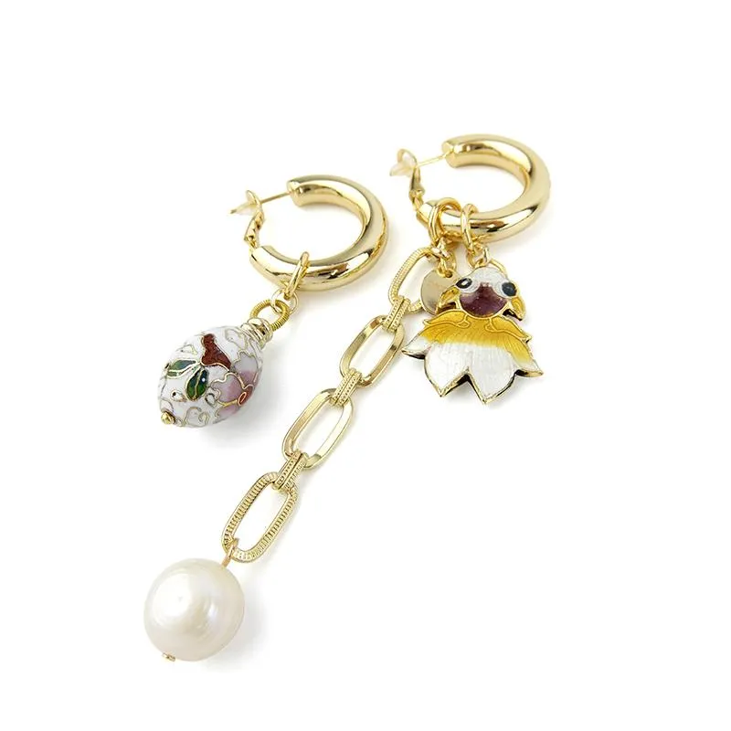 Asymmetrical Cloisonne Fish Handmade Drop Earrings
