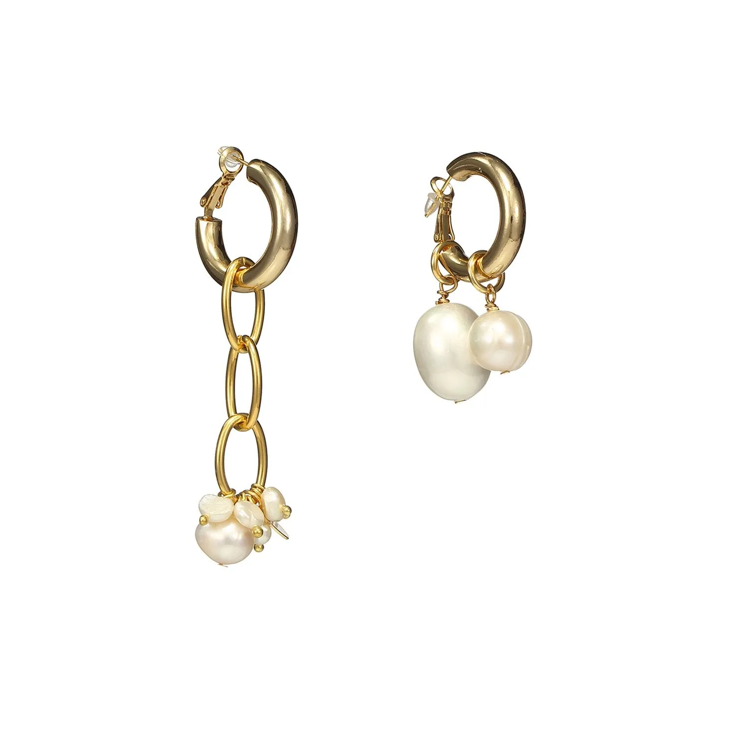 Asymmetrical Cross Pearls Silver Earrings
