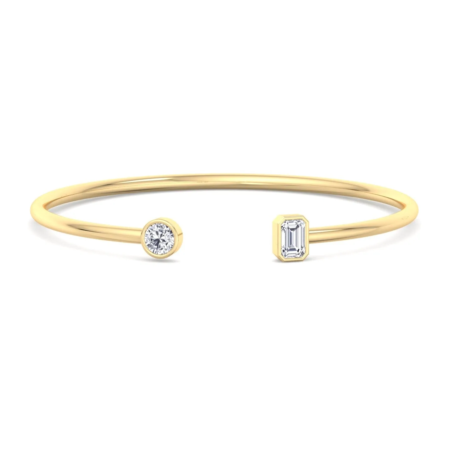 Atari - Bezel Set Round and Emerald Cut Natural Diamond Open Cuff Bangle