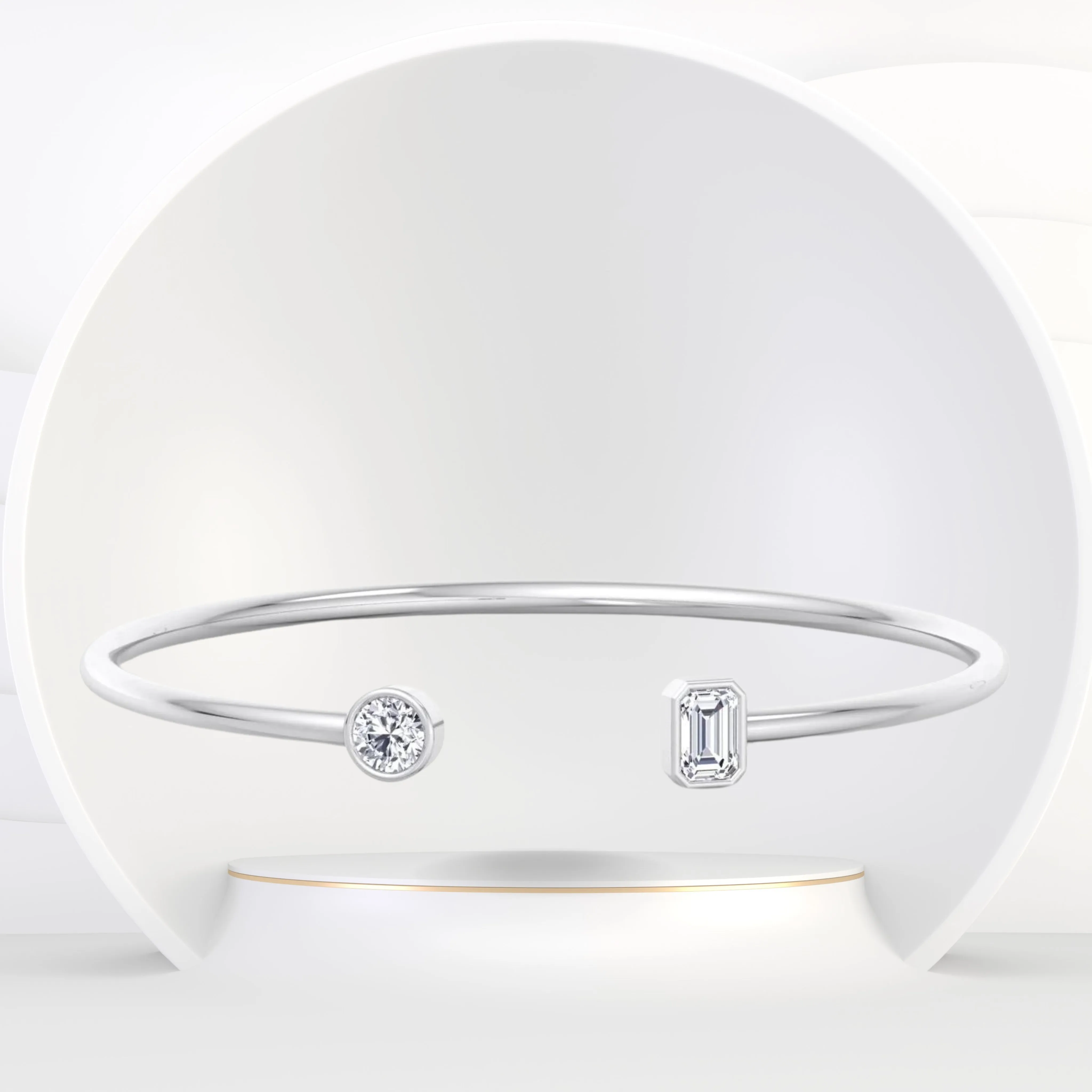 Atari - Bezel Set Round and Emerald Cut Natural Diamond Open Cuff Bangle