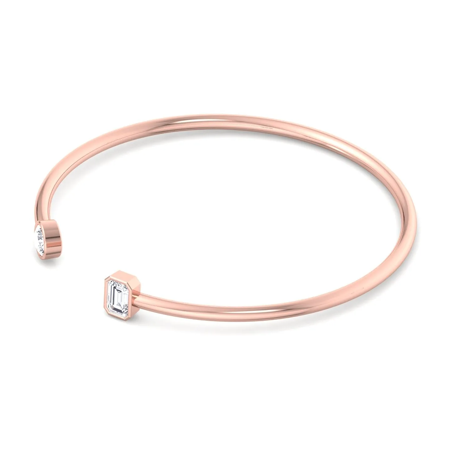 Atari - Bezel Set Round and Emerald Cut Natural Diamond Open Cuff Bangle