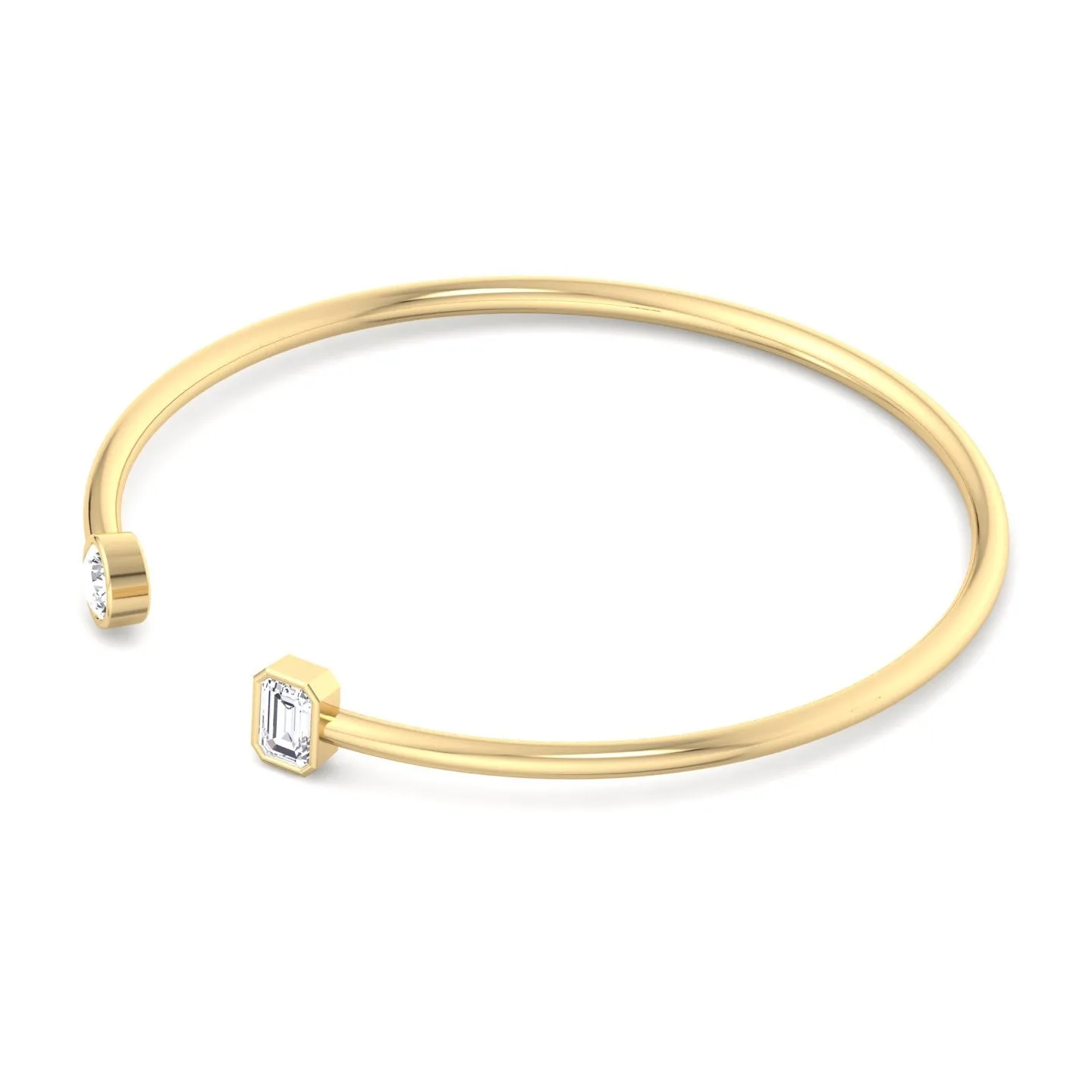 Atari - Bezel Set Round and Emerald Cut Natural Diamond Open Cuff Bangle