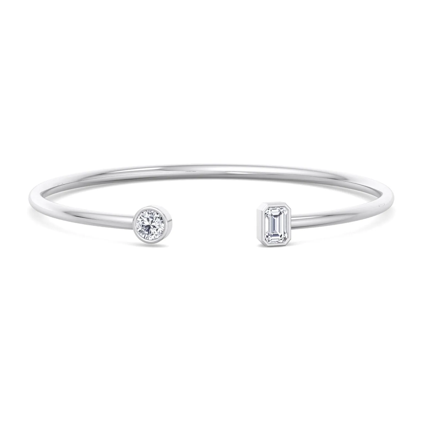 Atari - Bezel Set Round and Emerald Cut Natural Diamond Open Cuff Bangle