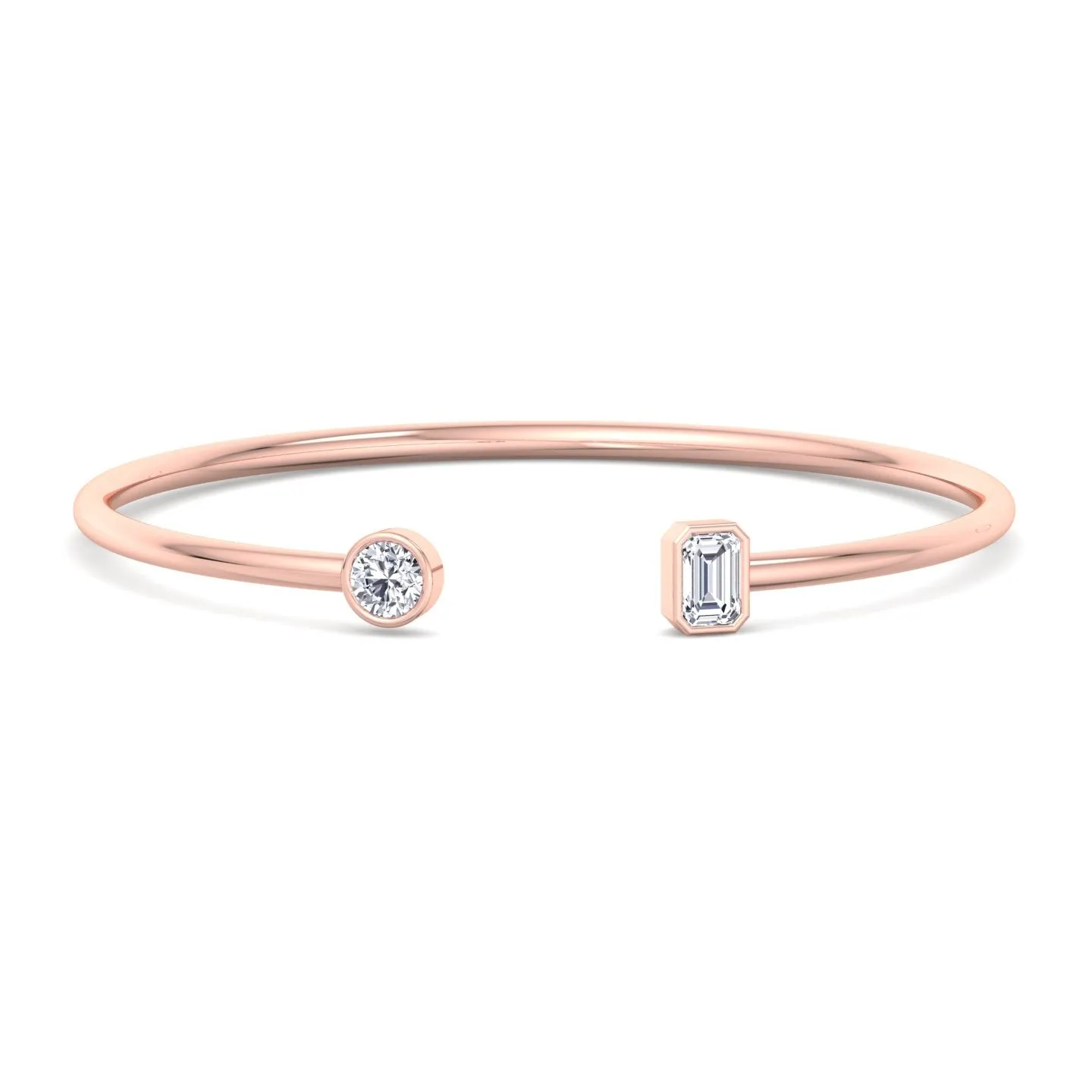 Atari - Bezel Set Round and Emerald Cut Natural Diamond Open Cuff Bangle