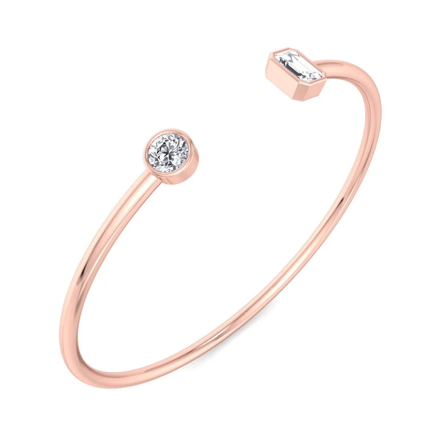 Atari - Bezel Set Round and Emerald Cut Natural Diamond Open Cuff Bangle