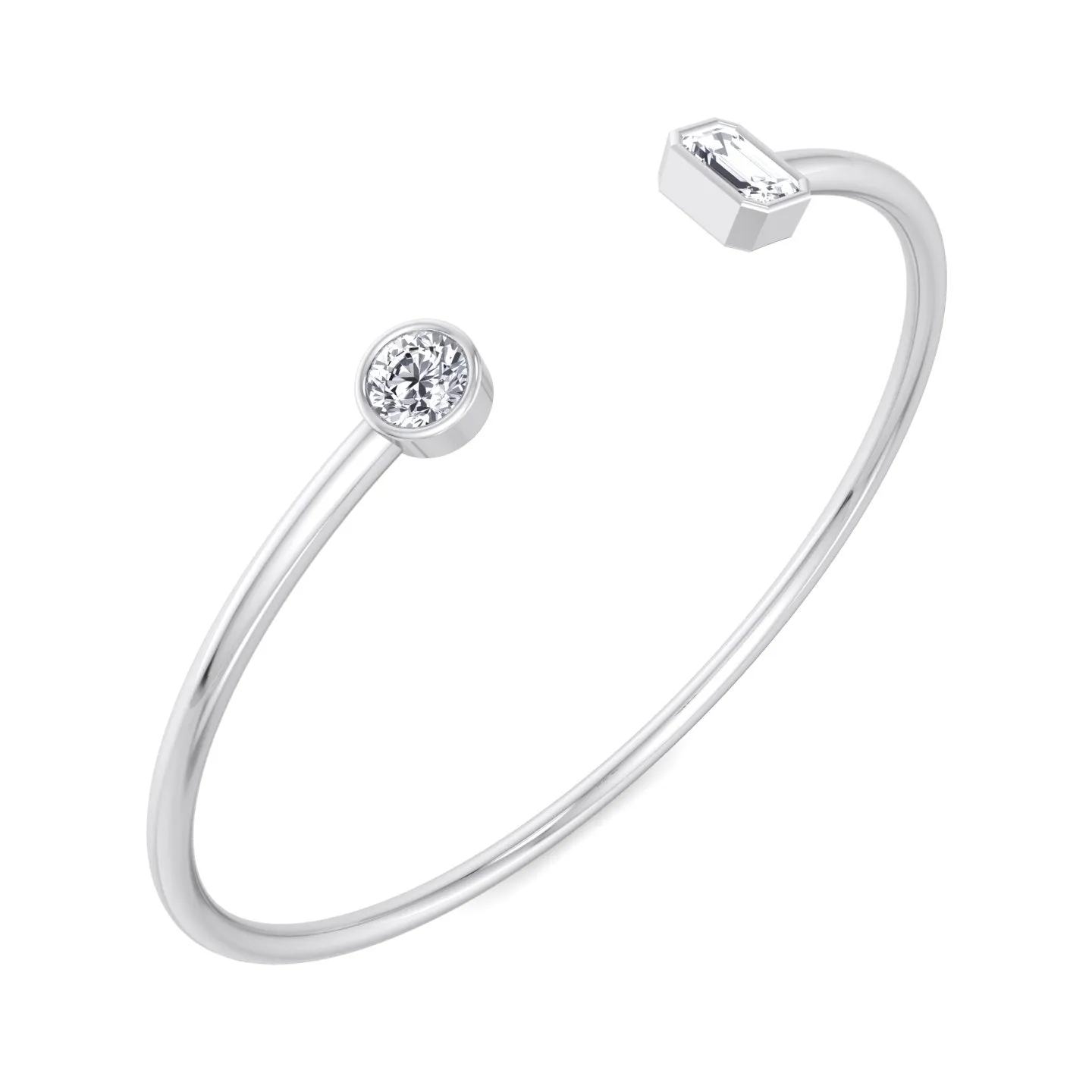 Atari - Bezel Set Round and Emerald Cut Natural Diamond Open Cuff Bangle