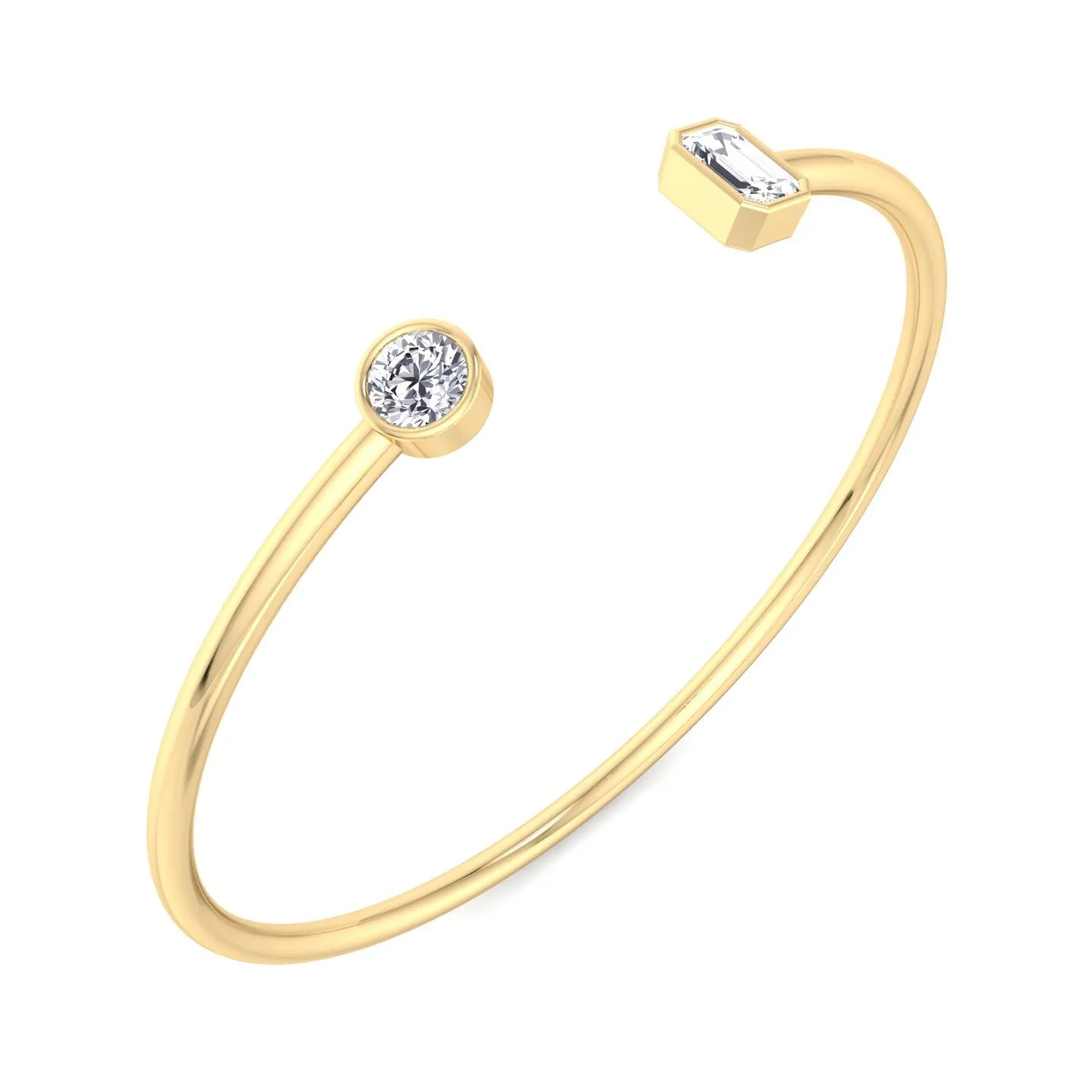 Atari - Bezel Set Round and Emerald Cut Natural Diamond Open Cuff Bangle