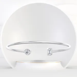 Atari - Bezel Set Round and Emerald Cut Natural Diamond Open Cuff Bangle