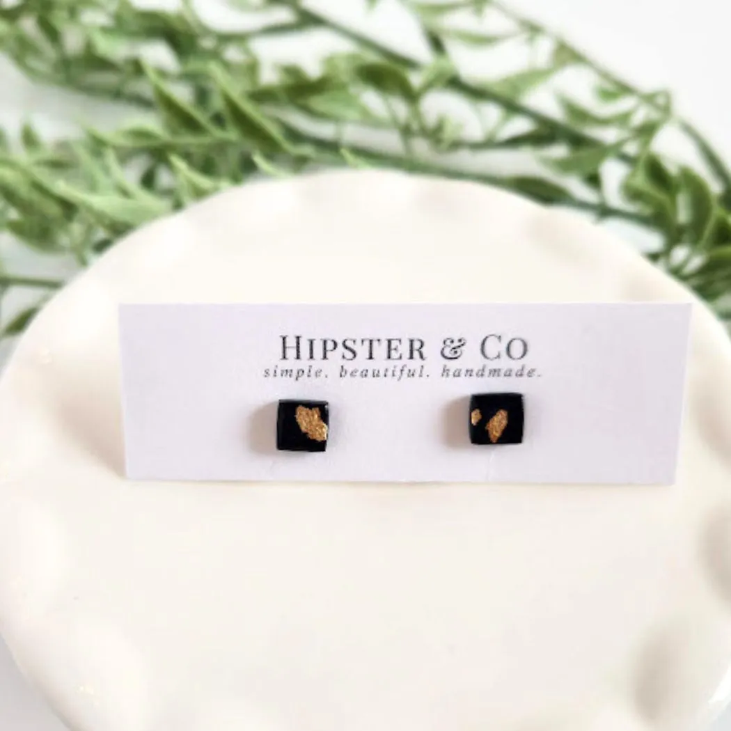 Black and Gold Square Stud Earrings
