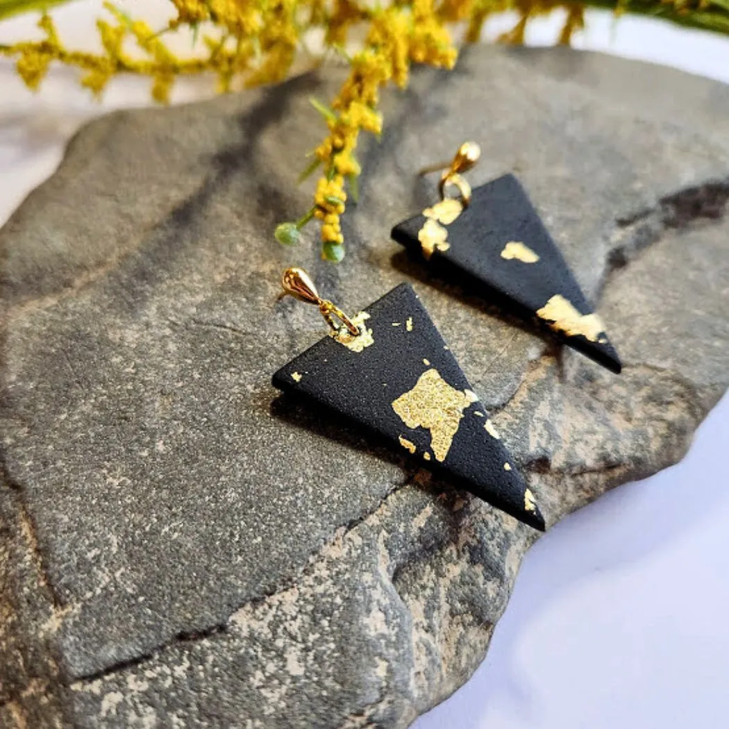Black and Gold Triangle Polymer Clay Earrings