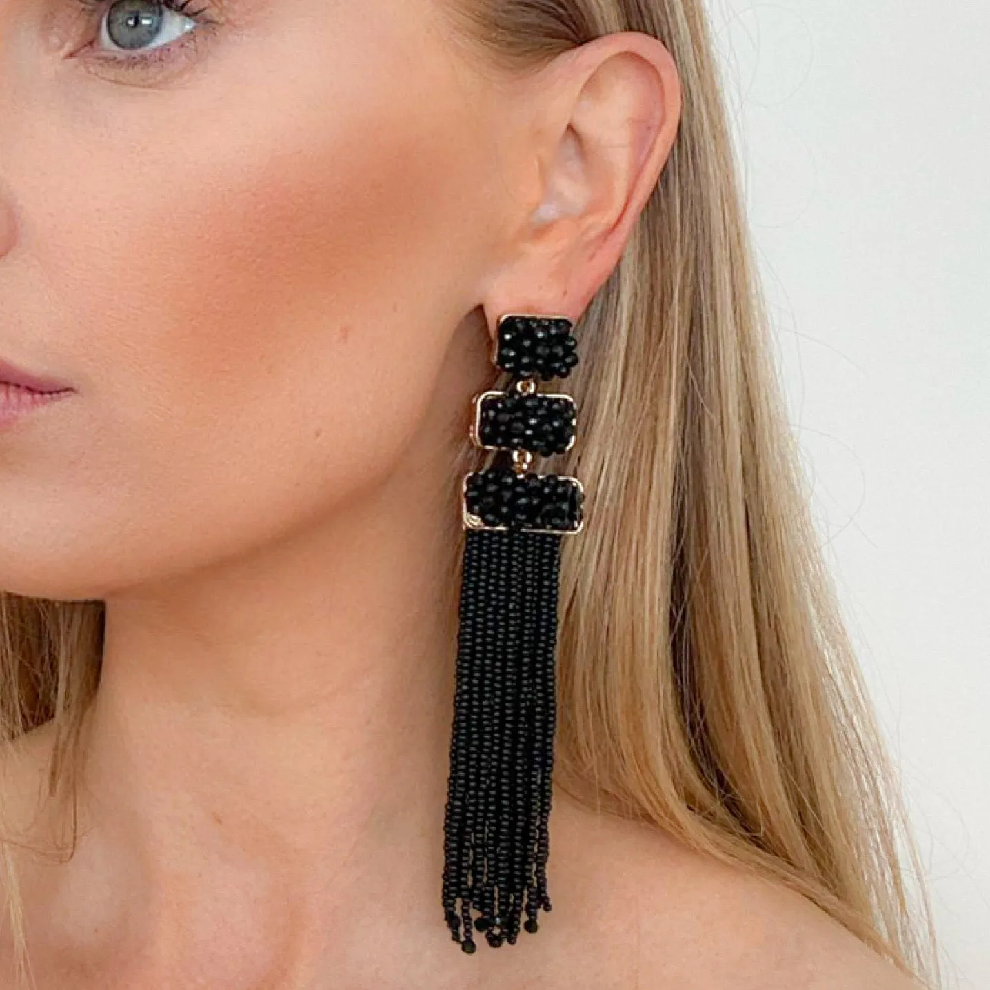 Black Beaded Tassel Earrings