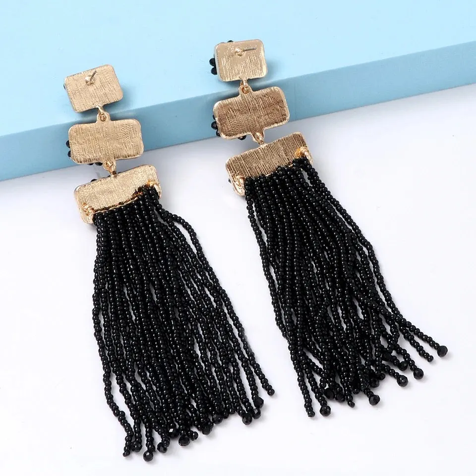 Black Beaded Tassel Earrings