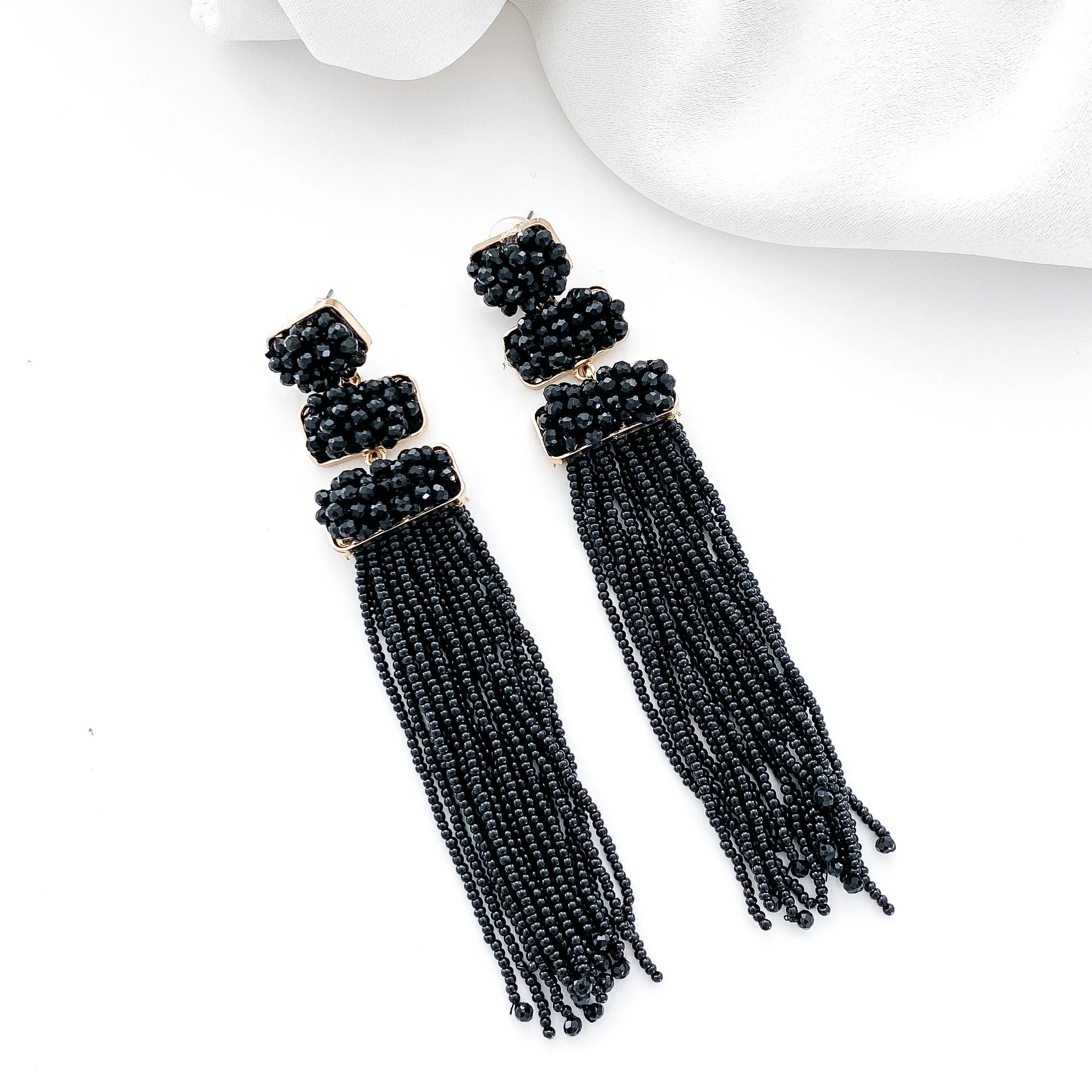 Black Beaded Tassel Earrings
