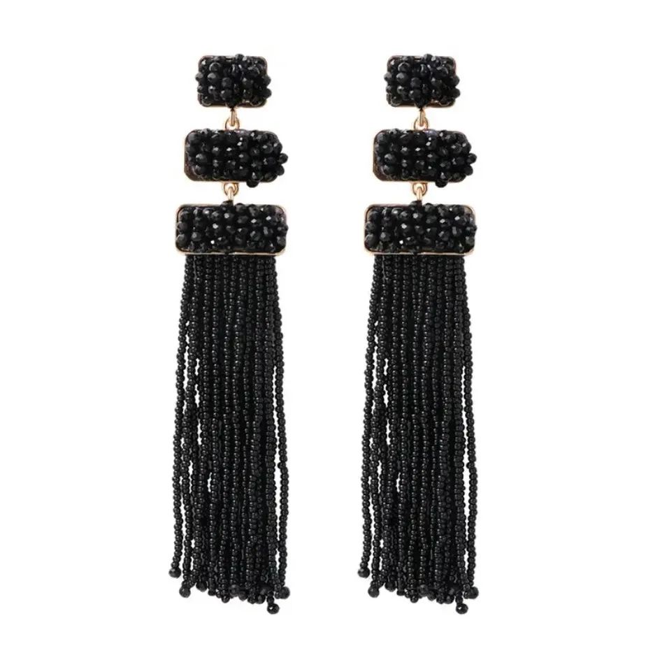 Black Beaded Tassel Earrings