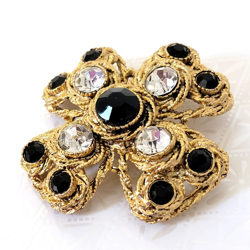 Black Rhinestone Maltese Cross Brooch