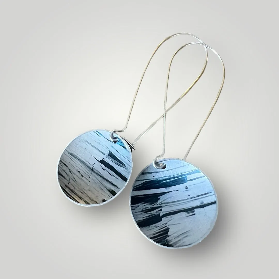 Black stripes long drop aluminium/silver earrings