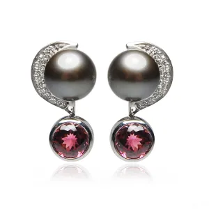 Black Tahitian Pearl 'Moon' Diamond & Tourmaline Earrings