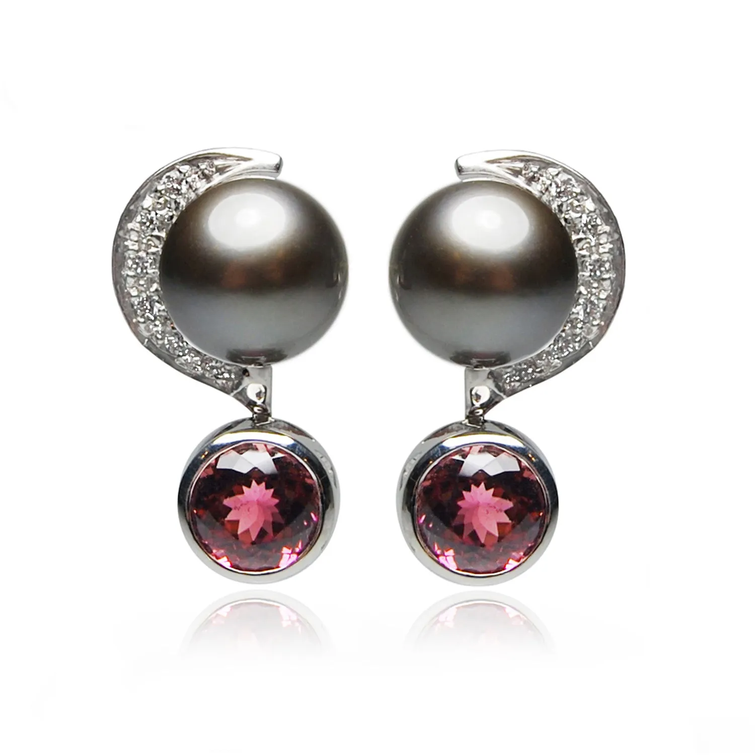 Black Tahitian Pearl 'Moon' Diamond & Tourmaline Earrings