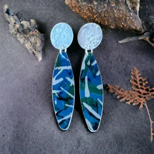 Blue mix feather long sterling silver stud