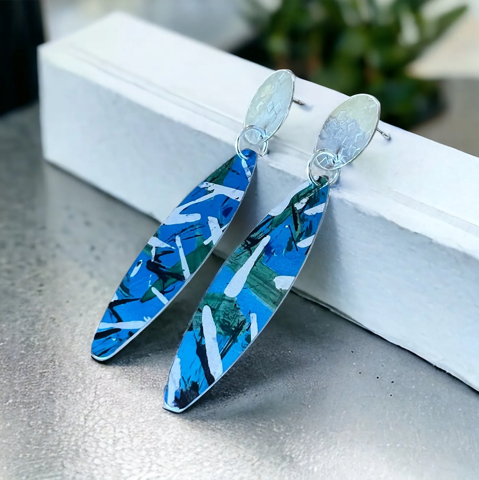 Blue mix feather long sterling silver stud