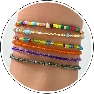 Boho Beaded Ankle Bracelets Handmade Multicolor Seed Bead Anklets Adjustable Stretch Heart Ankle Chain Beach Waterproof Anklet African Foot Jewelry for Women(6Pcs)