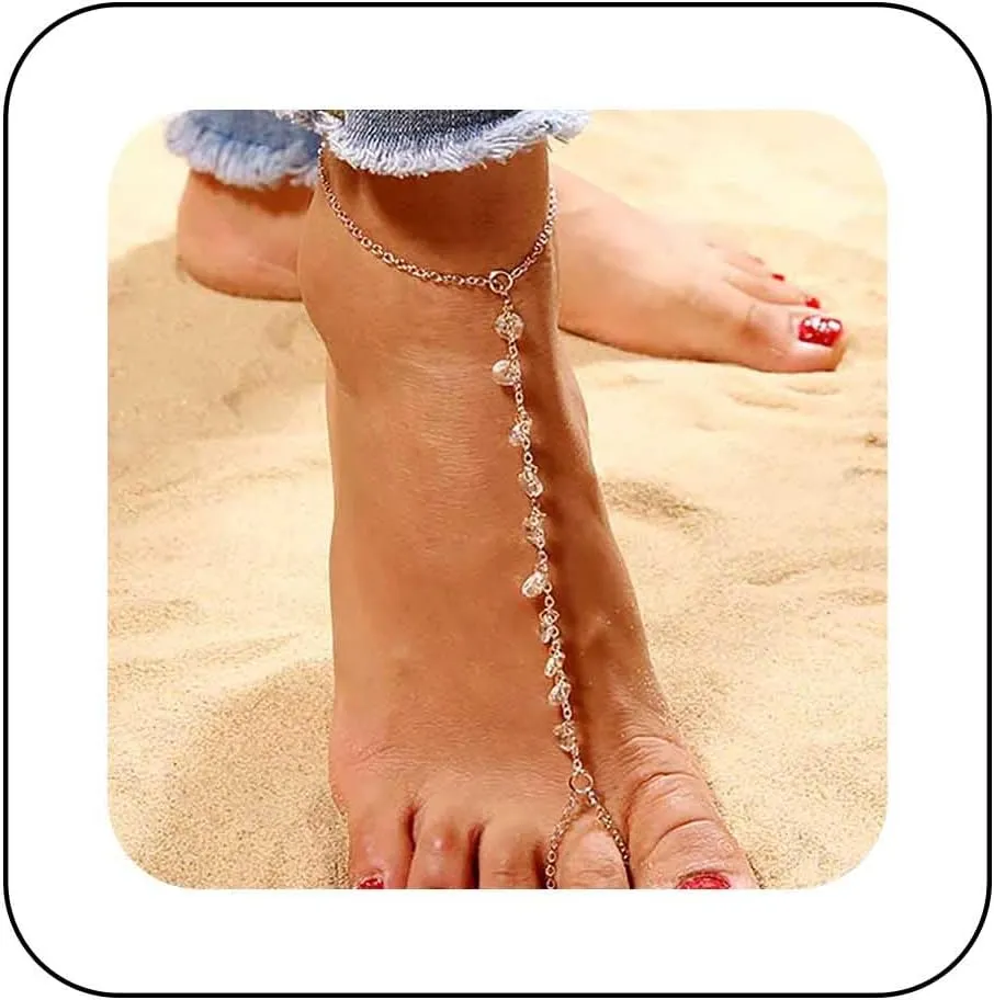 Boho Crystal Barefoot Sandals Chain Anklet Cz Anklet Foot Chain Gold Gemstone Anklet Crystal Toe Link Chain Anklet Rhinestone Toe Ring Anklet Jewelry for Women