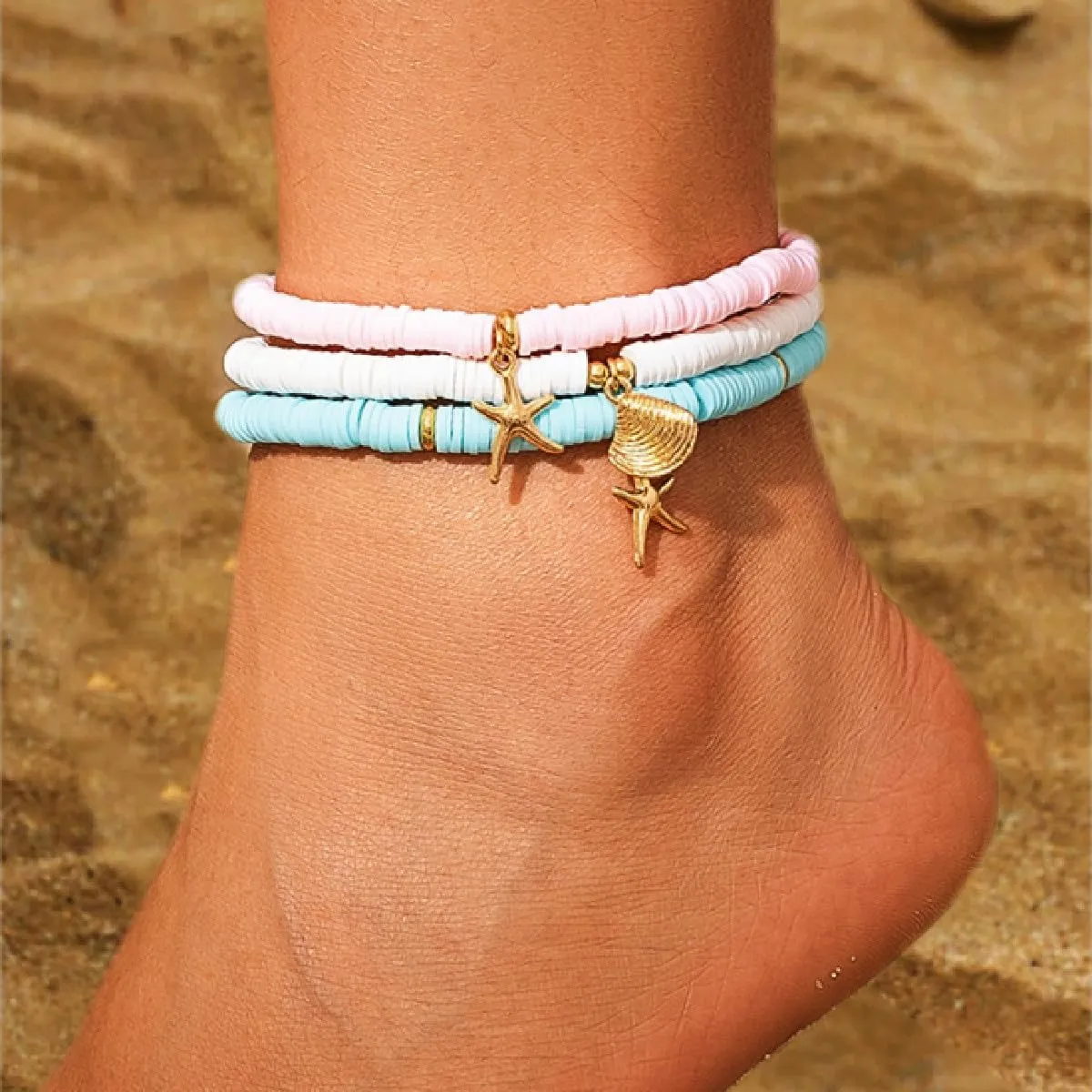 Boho Starfish Anklet Bracelets for Women Waterproof Shell Anklets Multicolor Beaded Anklets Gold Layered Summer Beach Charm Anklet Jewelry