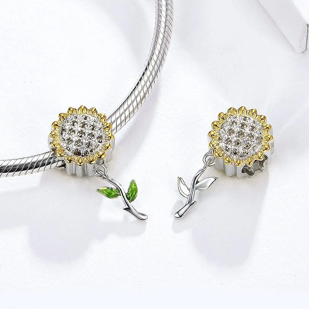 Boxed Solid 925 Sterling Silver Dual Tone Heart Shape and Sunflower Charms