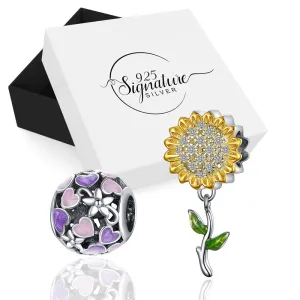 Boxed Solid 925 Sterling Silver Dual Tone Heart Shape and Sunflower Charms
