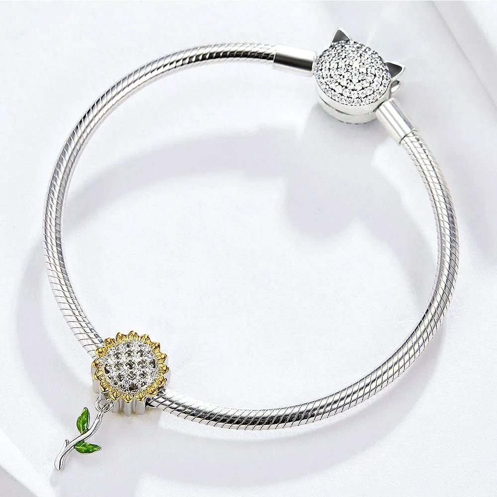 Boxed Solid 925 Sterling Silver Dual Tone Heart Shape and Sunflower Charms