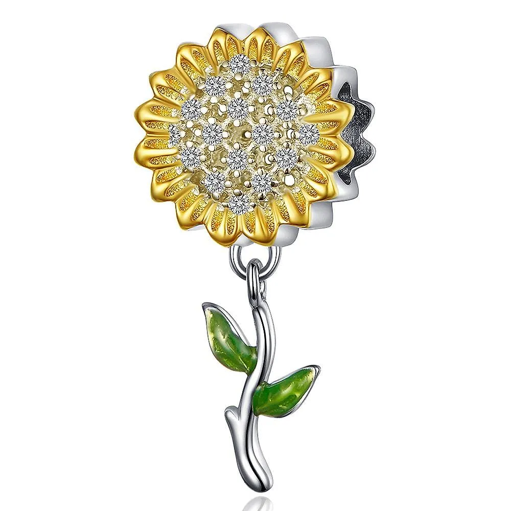 Boxed Solid 925 Sterling Silver Dual Tone Heart Shape and Sunflower Charms