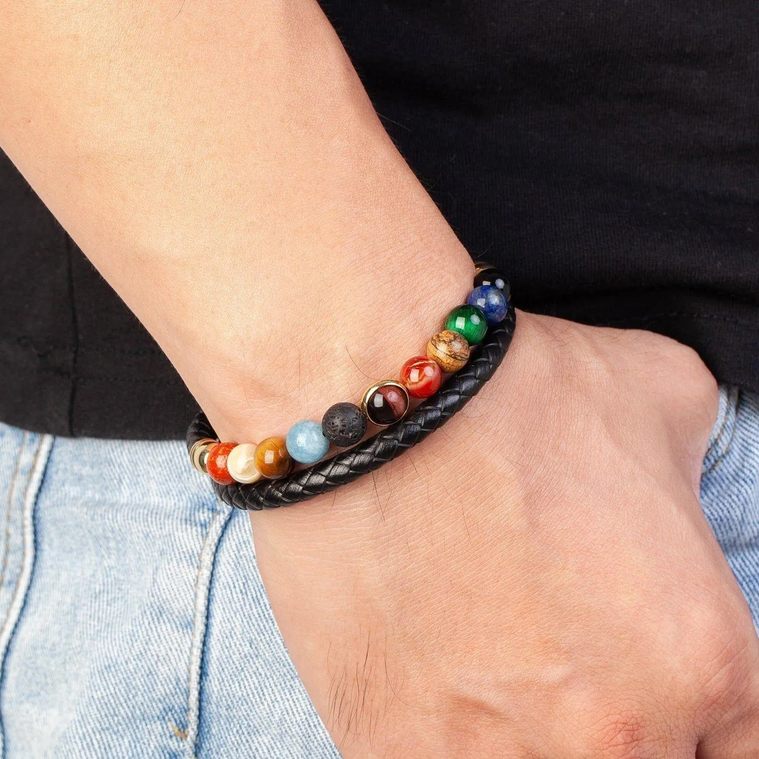 Bracelets Charm Jewelry YMTOS15 Leather Eight Planets Natural Stone