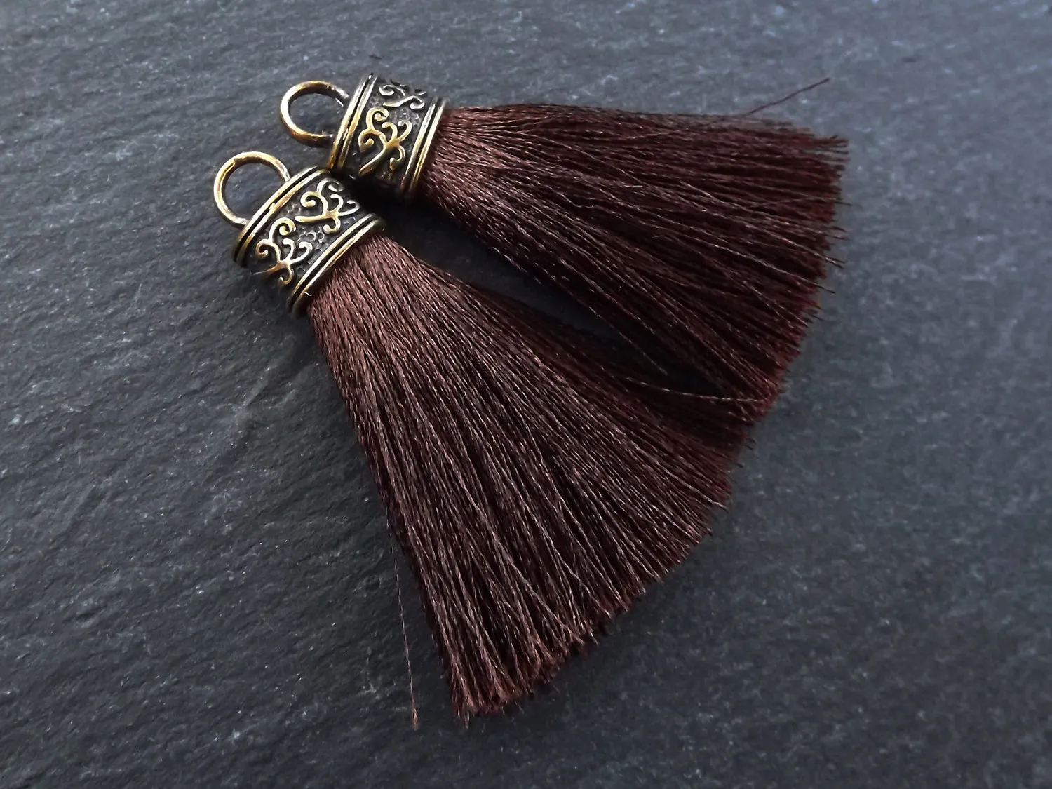 Brown Tassel Pendant, Silk Thread Tassel, Tassel Charm, Ornate Cap, Antique Bronze Cap, Tassel Jewelry, Brown Silk Tassel, 2.25 inches, 2pc