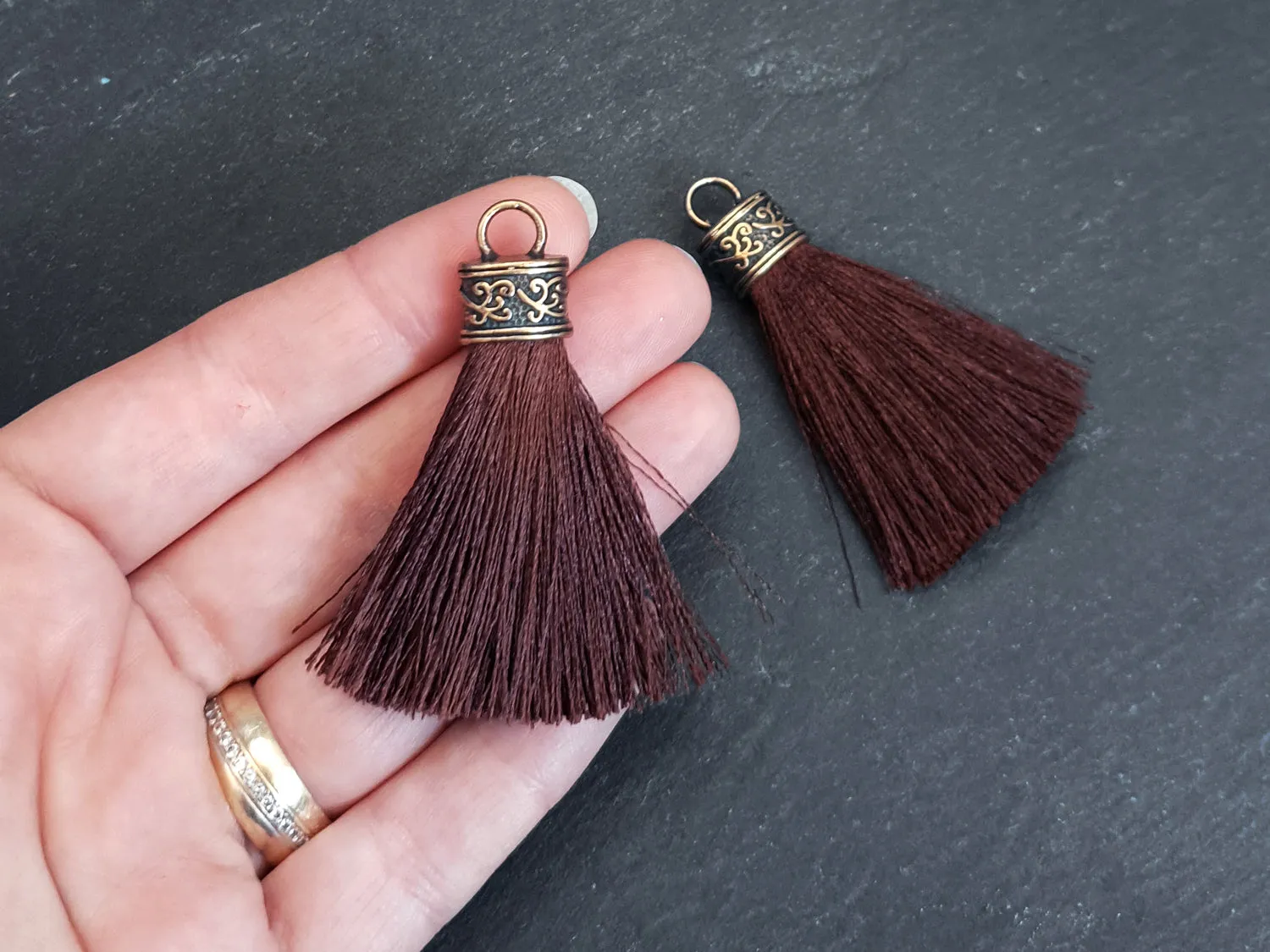 Brown Tassel Pendant, Silk Thread Tassel, Tassel Charm, Ornate Cap, Antique Bronze Cap, Tassel Jewelry, Brown Silk Tassel, 2.25 inches, 2pc