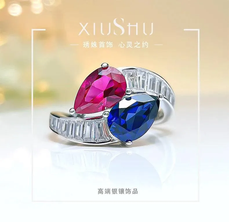 Charming Double Stone Colour Contrast Water Drop Lab Created Ruby Sapphire Versatile Personality Big Rings