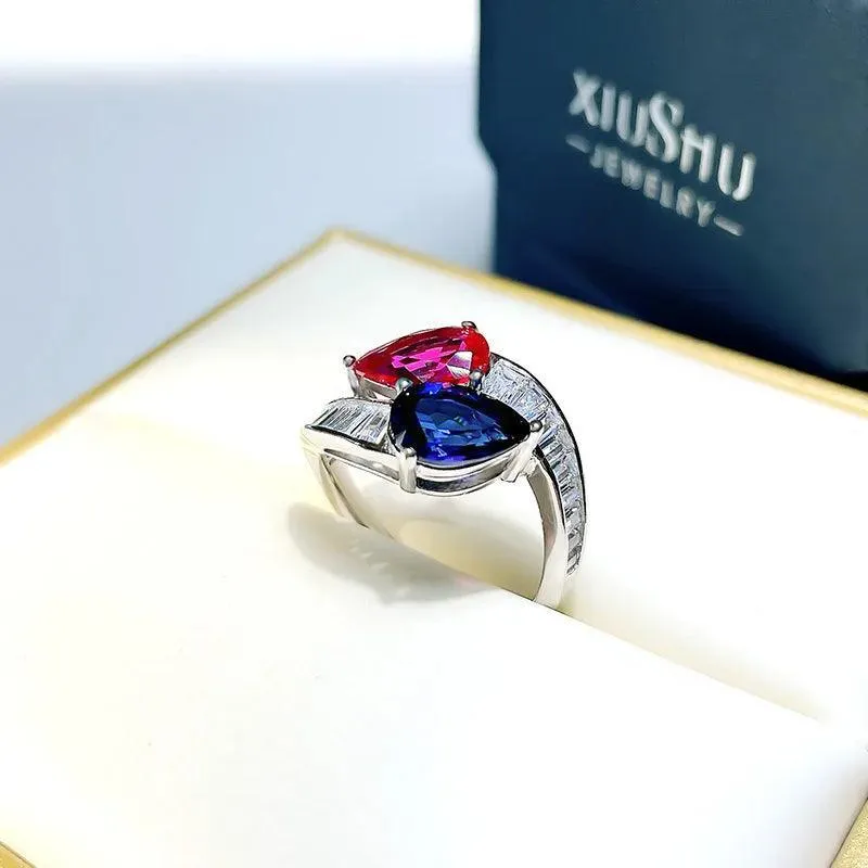 Charming Double Stone Colour Contrast Water Drop Lab Created Ruby Sapphire Versatile Personality Big Rings