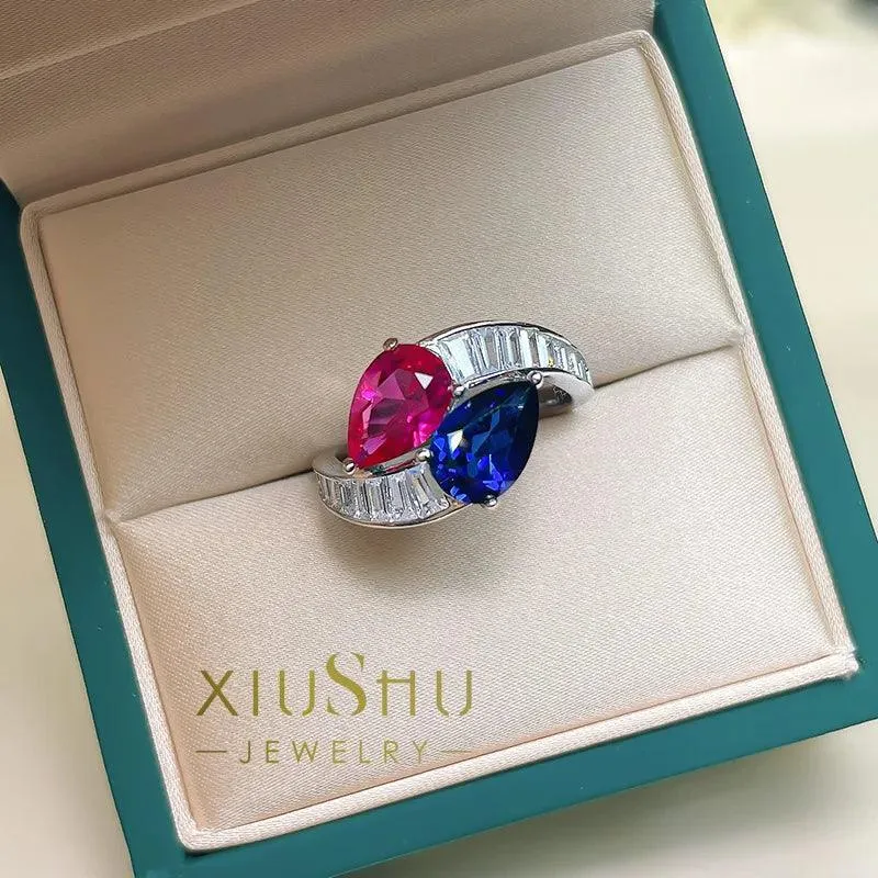 Charming Double Stone Colour Contrast Water Drop Lab Created Ruby Sapphire Versatile Personality Big Rings