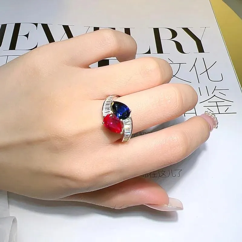 Charming Double Stone Colour Contrast Water Drop Lab Created Ruby Sapphire Versatile Personality Big Rings