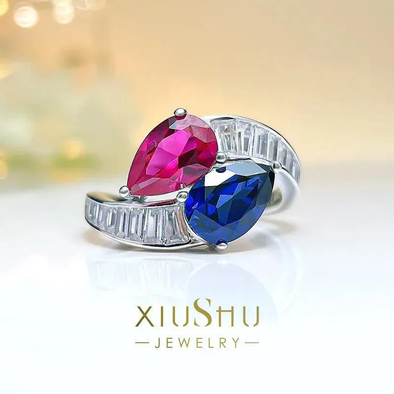 Charming Double Stone Colour Contrast Water Drop Lab Created Ruby Sapphire Versatile Personality Big Rings